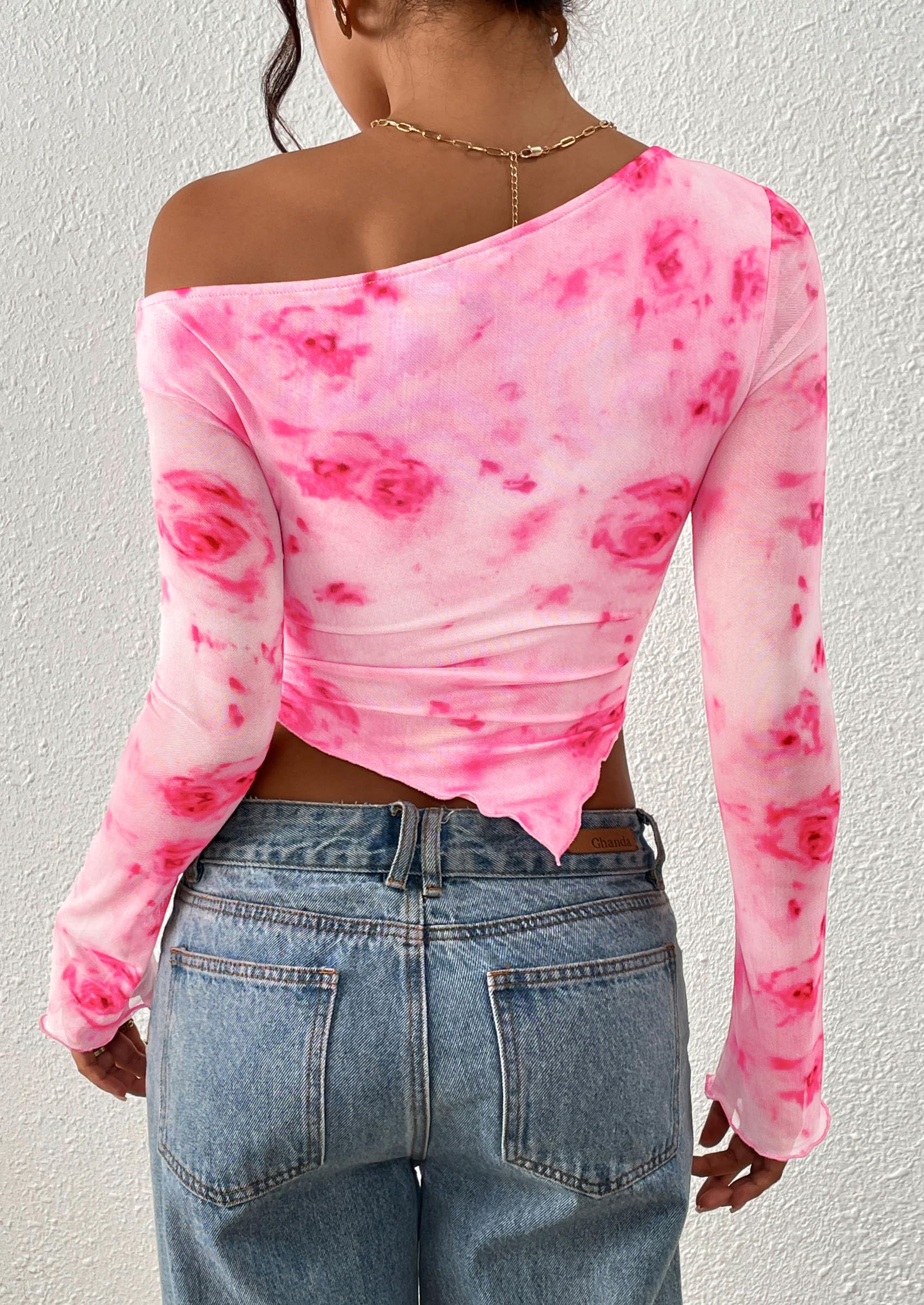 PRETTYGARDEN Womens Fall Trendy Off Shoulder Tops Tie Dye Mesh Long Sleeve Shirts Asymmetrical Ruched Floral Blouse