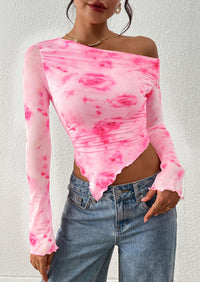 PRETTYGARDEN Womens Fall Trendy Off Shoulder Tops Tie Dye Mesh Long Sleeve Shirts Asymmetrical Ruched Floral Blouse