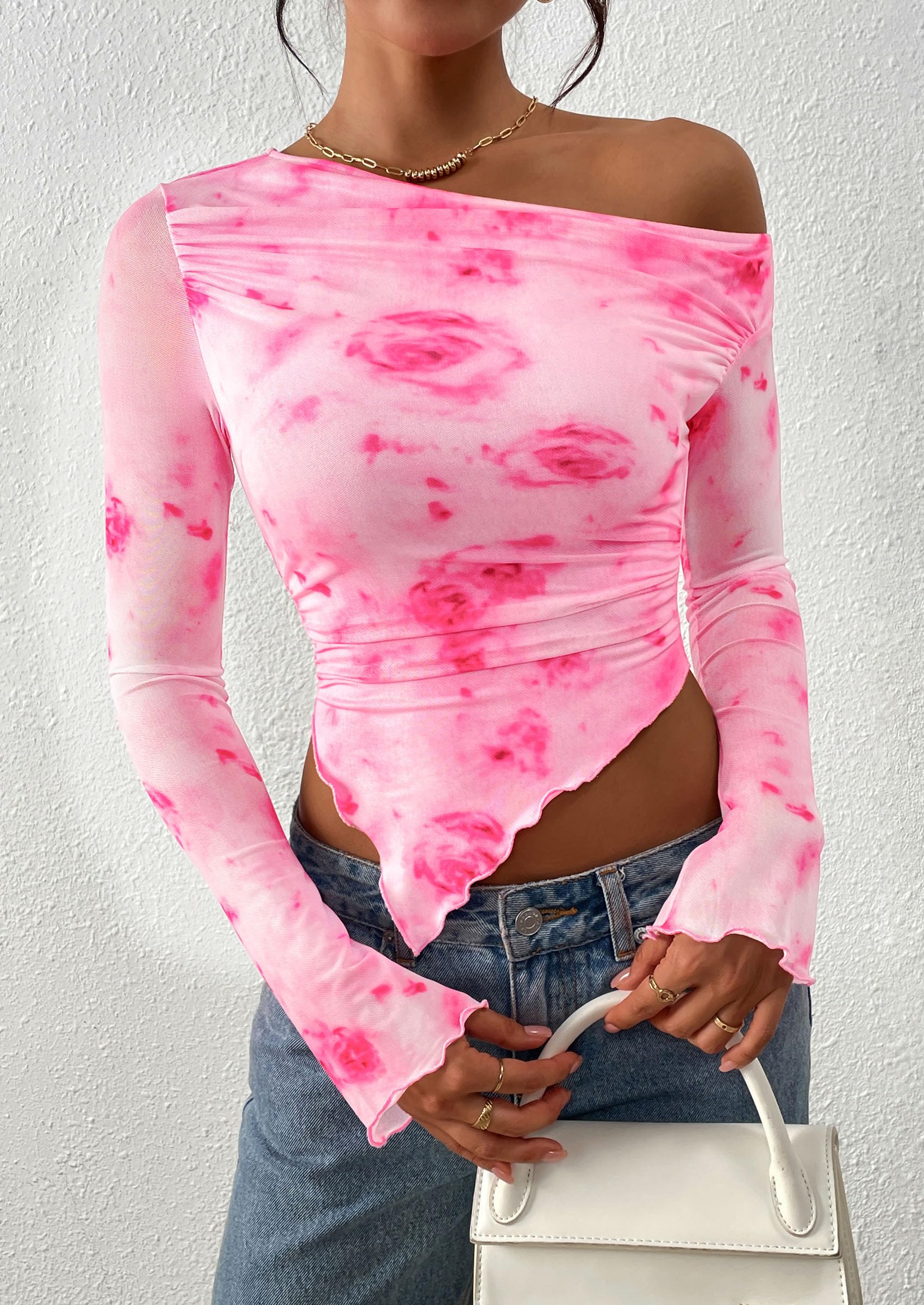 PRETTYGARDEN Womens Fall Trendy Off Shoulder Tops Tie Dye Mesh Long Sleeve Shirts Asymmetrical Ruched Floral Blouse