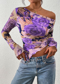 PRETTYGARDEN Womens Fall Trendy Off Shoulder Tops Tie Dye Mesh Long Sleeve Shirts Asymmetrical Ruched Floral Blouse