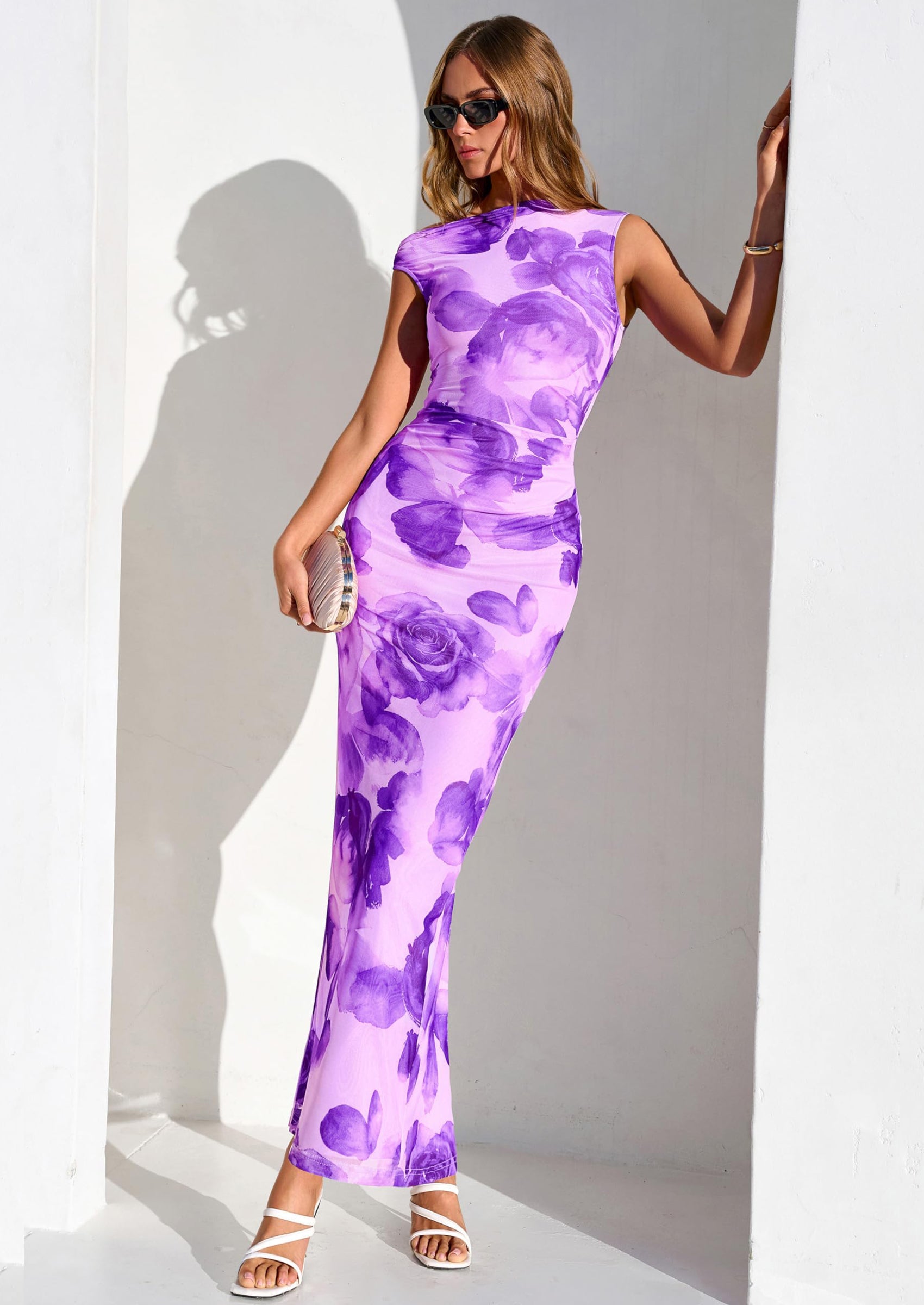 PRETTYGARDEN Women Summer One Shoulder Sleeveless Floral Maxi Dress Bodycon Ruched Mesh Formal Cocktail Wedding Guest Dresses PRETTYGARDEN