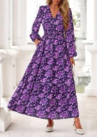 PRETTYGARDEN Long Sleeve Maxi Fall Dresses for Women Vneck Smocked Boho Floral Tiered Swing Flowy Wedding Guest Dress