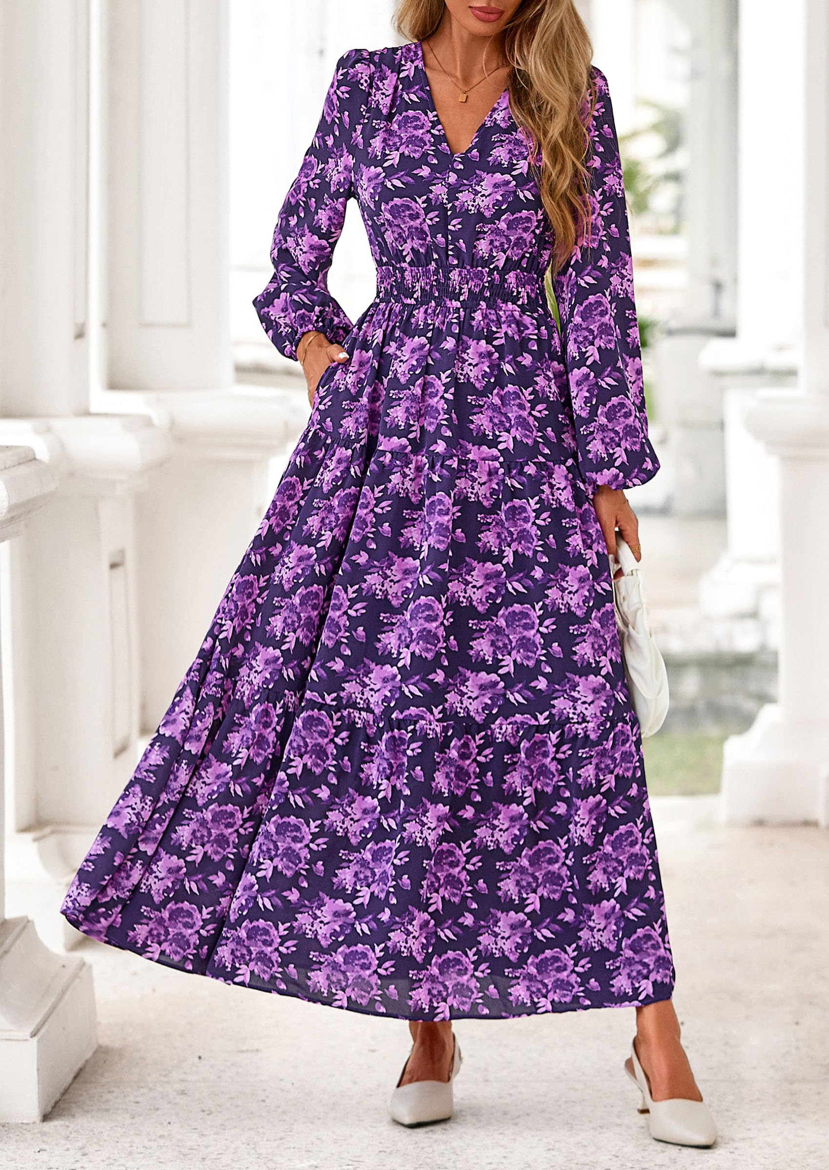 PRETTYGARDEN Long Sleeve Maxi Fall Dresses for Women Vneck Smocked Boho Floral Tiered Swing Flowy Wedding Guest Dress