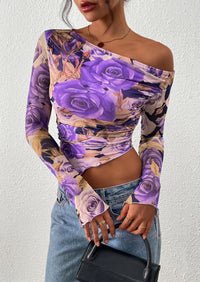 PRETTYGARDEN Womens Fall Trendy Off Shoulder Tops Tie Dye Mesh Long Sleeve Shirts Asymmetrical Ruched Floral Blouse