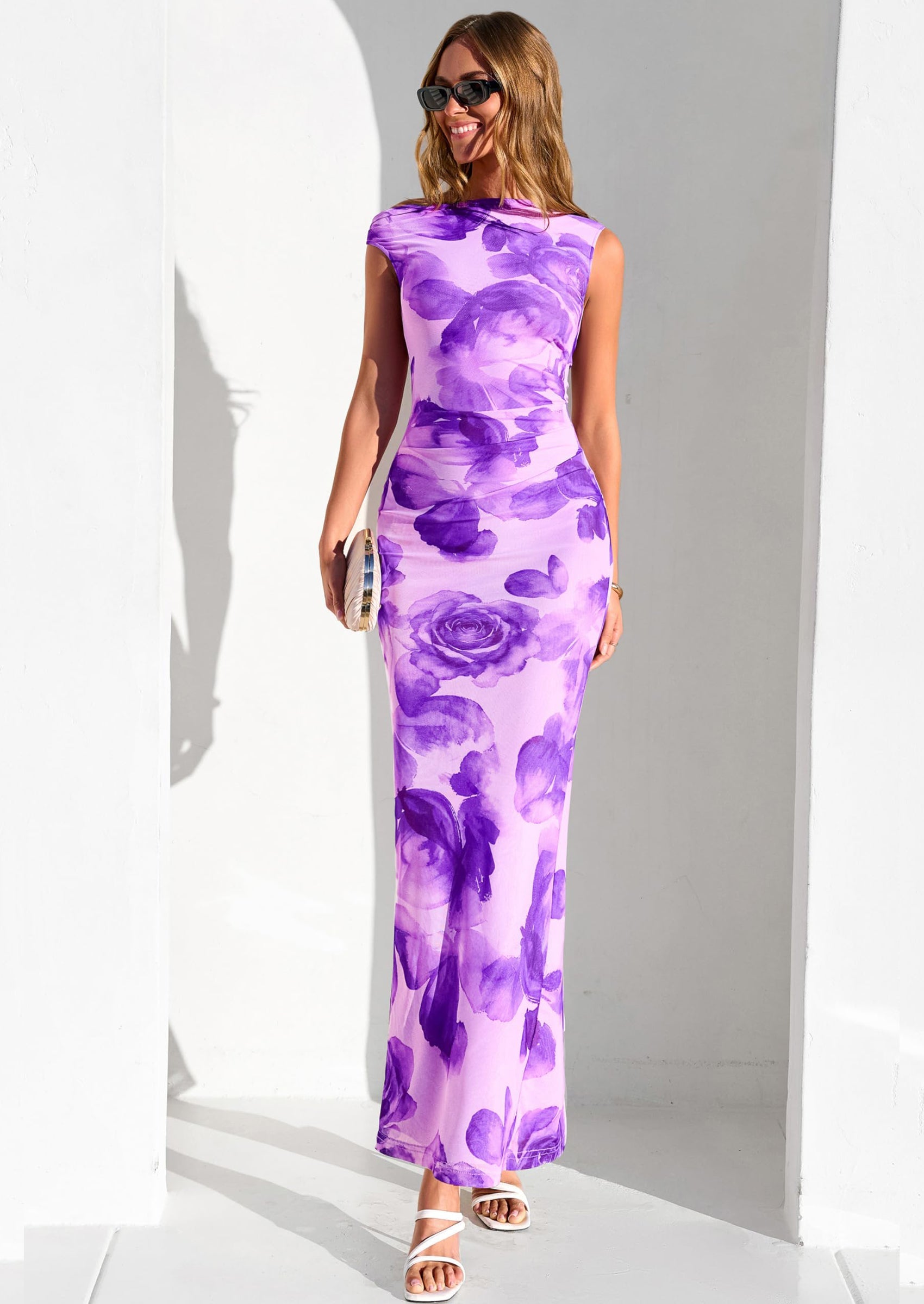 PRETTYGARDEN Women Summer One Shoulder Sleeveless Floral Maxi Dress Bodycon Ruched Mesh Formal Cocktail Wedding Guest Dresses PRETTYGARDEN