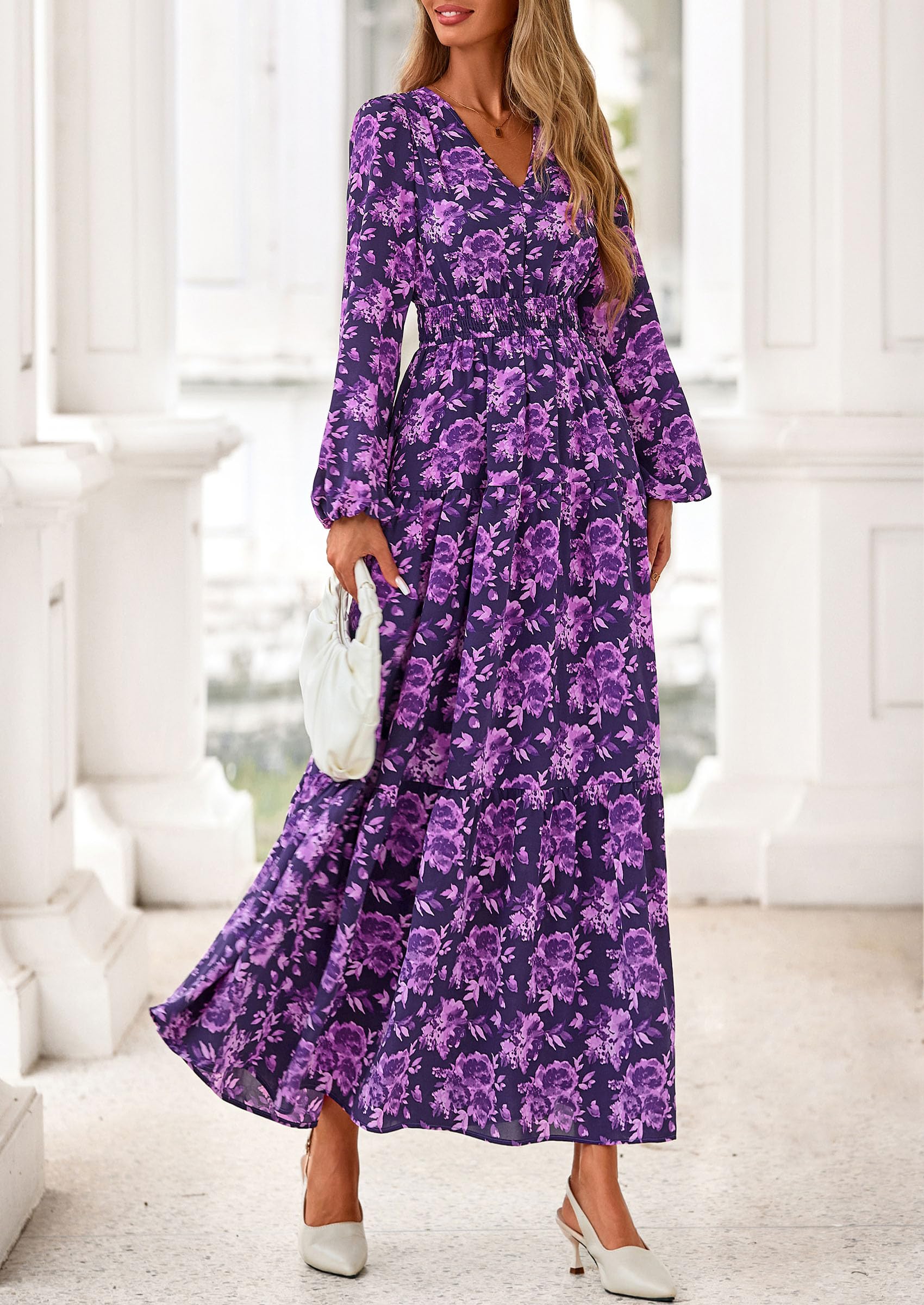 PRETTYGARDEN Long Sleeve Maxi Fall Dresses for Women Vneck Smocked Boho Floral Tiered Swing Flowy Wedding Guest Dress