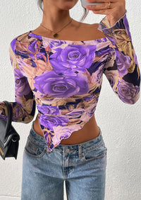 PRETTYGARDEN Womens Fall Trendy Off Shoulder Tops Tie Dye Mesh Long Sleeve Shirts Asymmetrical Ruched Floral Blouse