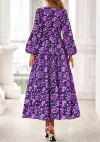 PRETTYGARDEN Long Sleeve Maxi Fall Dresses for Women Vneck Smocked Boho Floral Tiered Swing Flowy Wedding Guest Dress