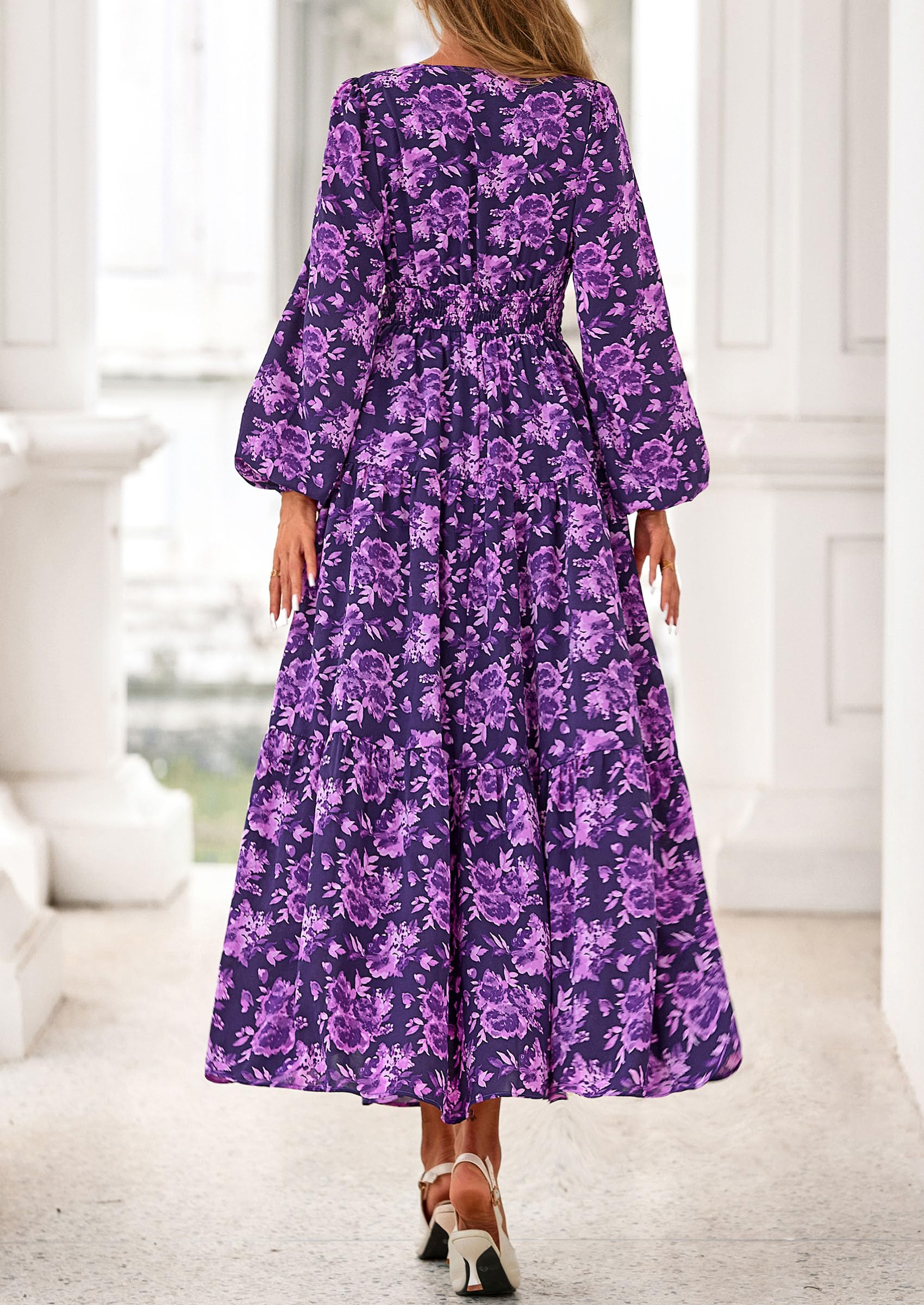 PRETTYGARDEN Long Sleeve Maxi Fall Dresses for Women Vneck Smocked Boho Floral Tiered Swing Flowy Wedding Guest Dress