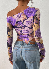 PRETTYGARDEN Womens Fall Trendy Off Shoulder Tops Tie Dye Mesh Long Sleeve Shirts Asymmetrical Ruched Floral Blouse