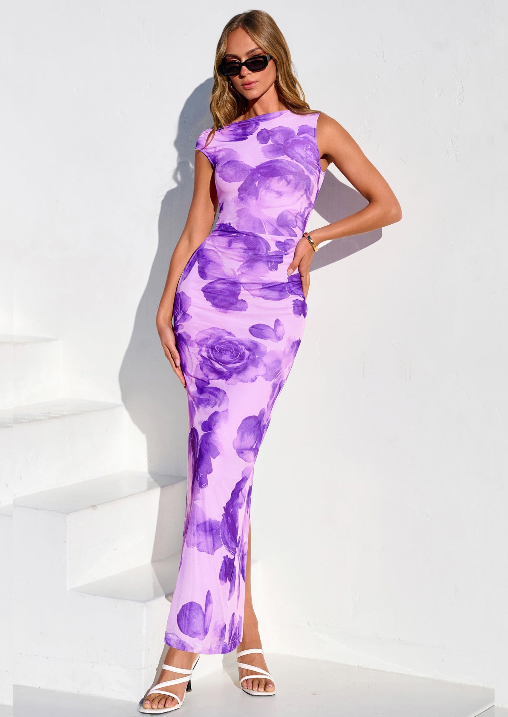 PRETTYGARDEN Women Summer One Shoulder Sleeveless Floral Maxi Dress Bodycon Ruched Mesh Formal Cocktail Wedding Guest Dresses PRETTYGARDEN