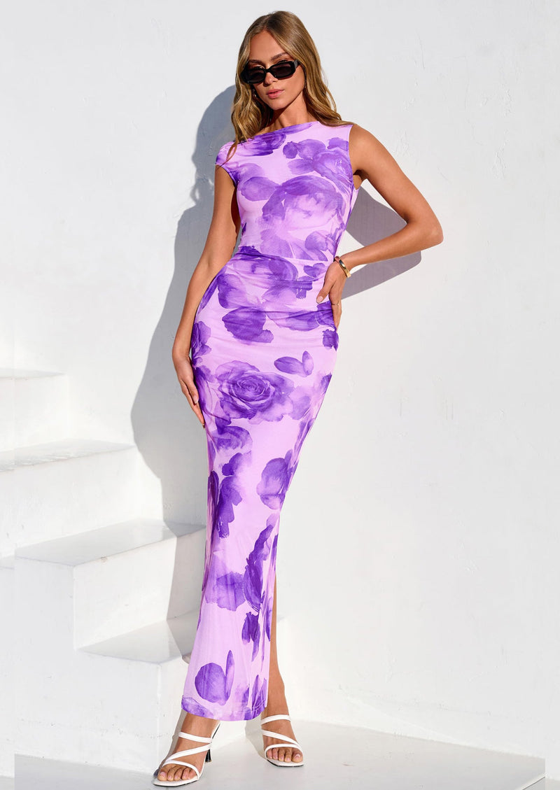 PRETTYGARDEN Women Summer One Shoulder Sleeveless Floral Maxi Dress Bodycon Ruched Mesh Formal Cocktail Wedding Guest Dresses PRETTYGARDEN