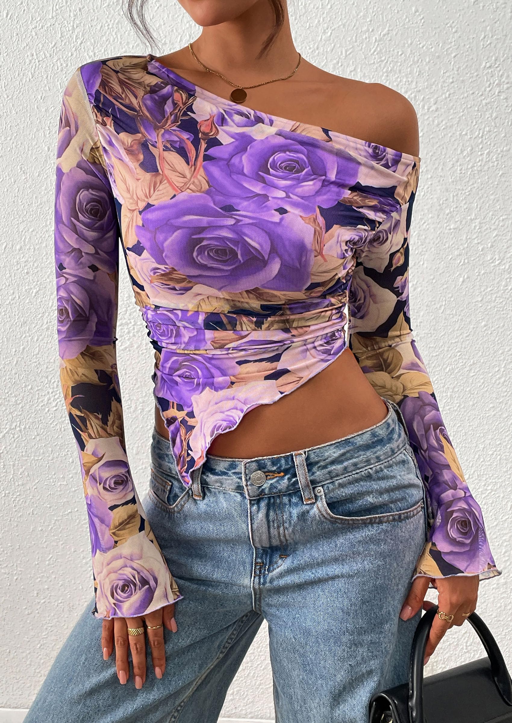 PRETTYGARDEN Womens Fall Trendy Off Shoulder Tops Tie Dye Mesh Long Sleeve Shirts Asymmetrical Ruched Floral Blouse