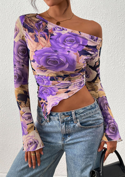 PRETTYGARDEN Womens Fall Trendy Off Shoulder Tops Tie Dye Mesh Long Sleeve Shirts Asymmetrical Ruched Floral Blouse
