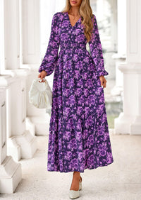 PRETTYGARDEN Long Sleeve Maxi Fall Dresses for Women Vneck Smocked Boho Floral Tiered Swing Flowy Wedding Guest Dress