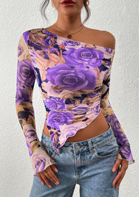 PRETTYGARDEN Womens Fall Trendy Off Shoulder Tops Tie Dye Mesh Long Sleeve Shirts Asymmetrical Ruched Floral Blouse