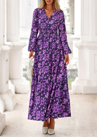 PRETTYGARDEN Long Sleeve Maxi Fall Dresses for Women Vneck Smocked Boho Floral Tiered Swing Flowy Wedding Guest Dress