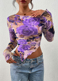 PRETTYGARDEN Womens Fall Trendy Off Shoulder Tops Tie Dye Mesh Long Sleeve Shirts Asymmetrical Ruched Floral Blouse