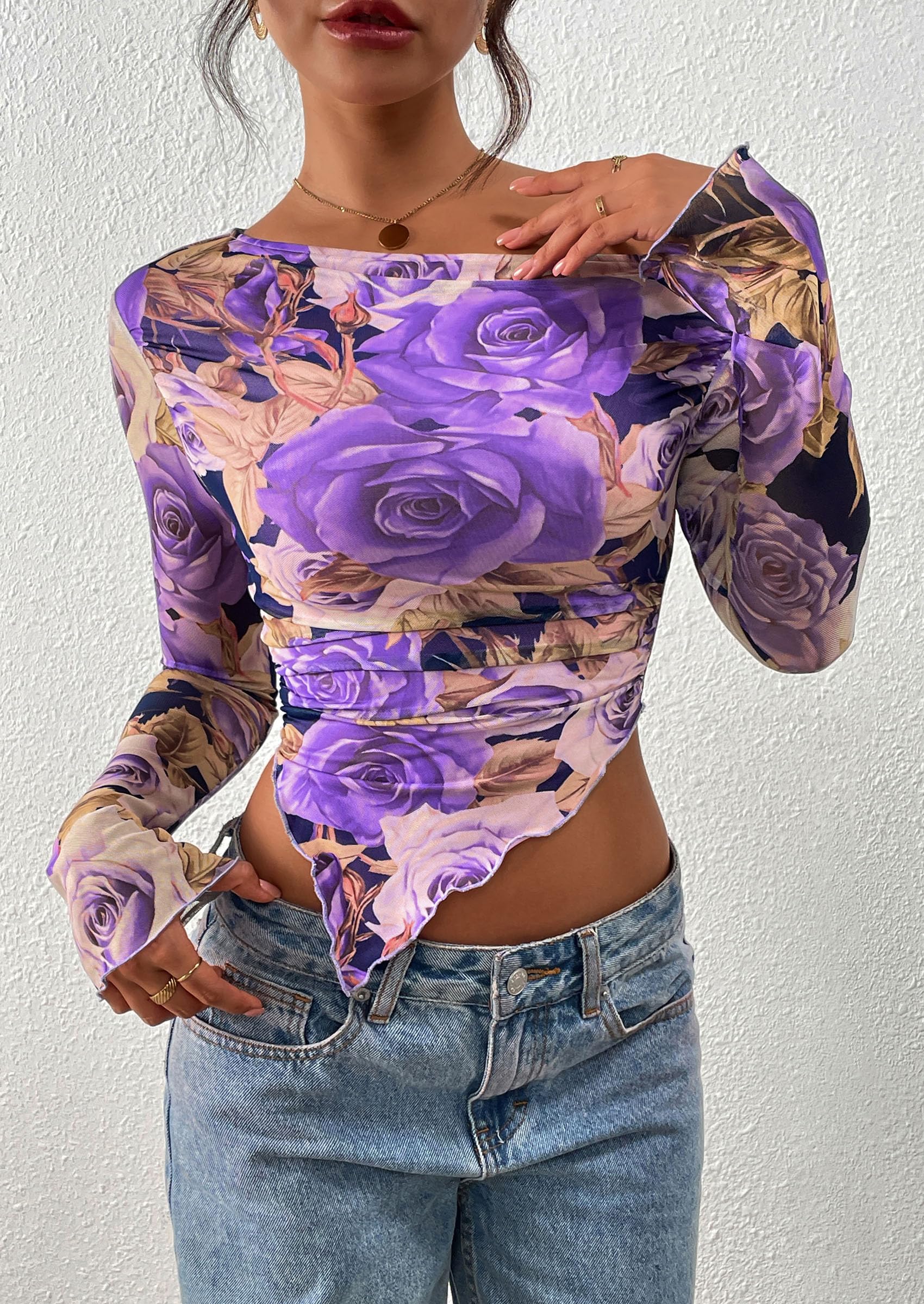 PRETTYGARDEN Womens Fall Trendy Off Shoulder Tops Tie Dye Mesh Long Sleeve Shirts Asymmetrical Ruched Floral Blouse