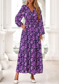 PRETTYGARDEN Long Sleeve Maxi Fall Dresses for Women Vneck Smocked Boho Floral Tiered Swing Flowy Wedding Guest Dress