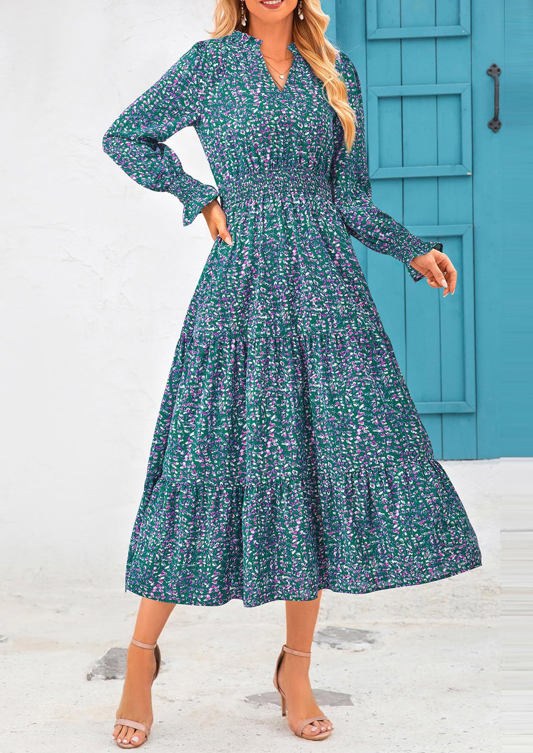 PRETTYGARDEN Women's Floral Maxi Dress Spring Long Sleeve V Neck Casual A Line Long Flowy Boho Party Dresses