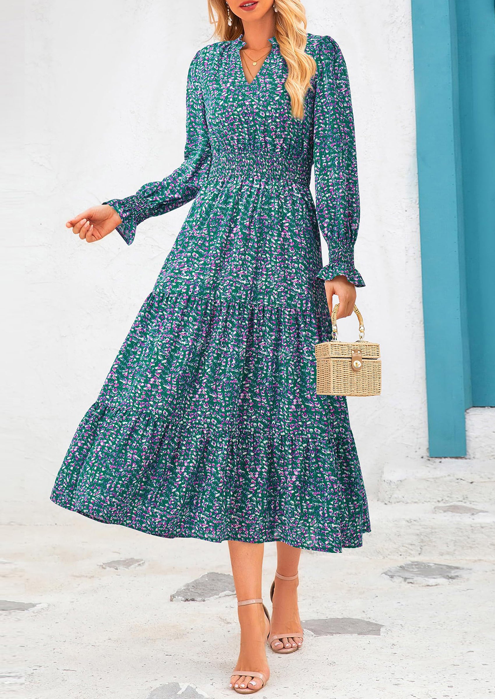 PRETTYGARDEN Women's Floral Maxi Dress Spring Long Sleeve V Neck Casual A Line Long Flowy Boho Party Dresses