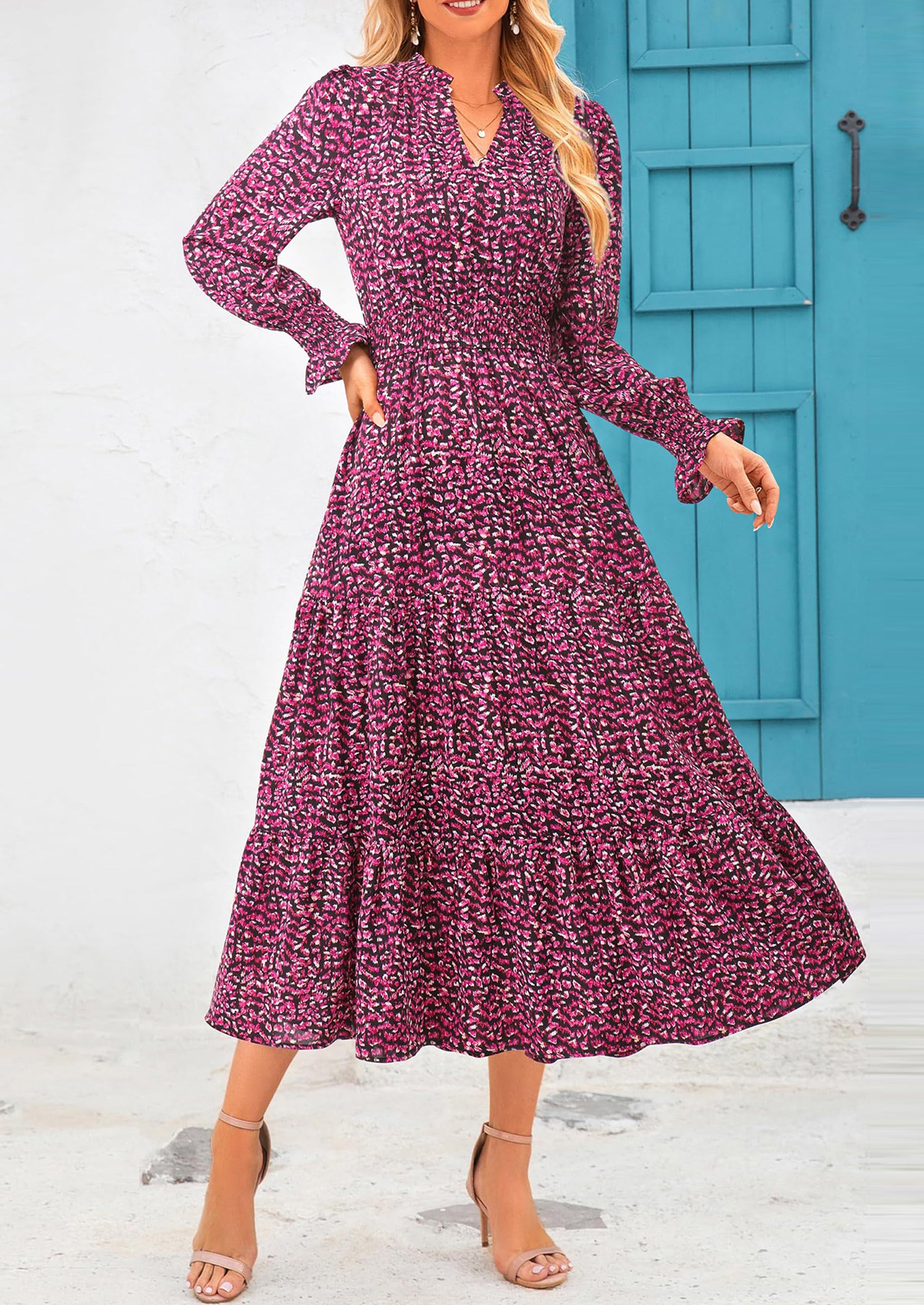 PRETTYGARDEN Women's Floral Maxi Dress Spring Long Sleeve V Neck Casual A Line Long Flowy Boho Party Dresses