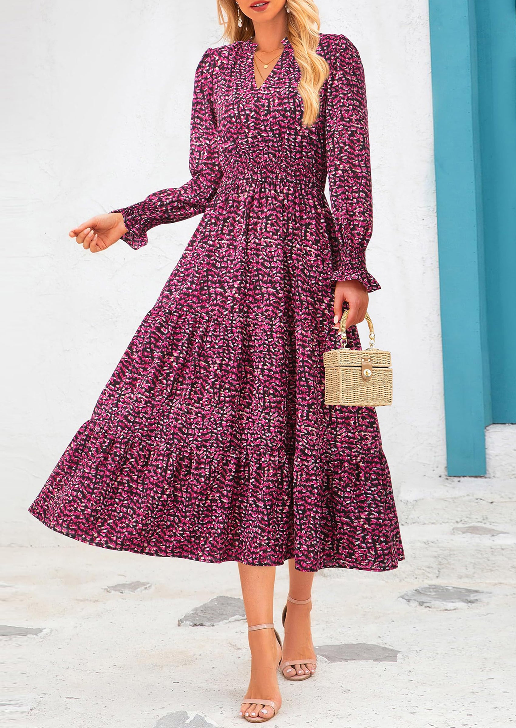 PRETTYGARDEN Women's Floral Maxi Dress Spring Long Sleeve V Neck Casual A Line Long Flowy Boho Party Dresses