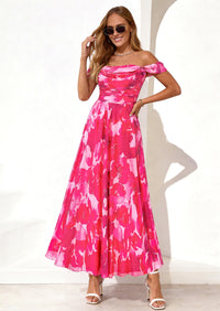 PRETTYGARDEN Womens Off Shoulder Maxi Summer Dresses 2026 Elegant Mesh Aline Swing Ruched Flowy Cocktail Wedding Guest Dress PRETTYGARDEN