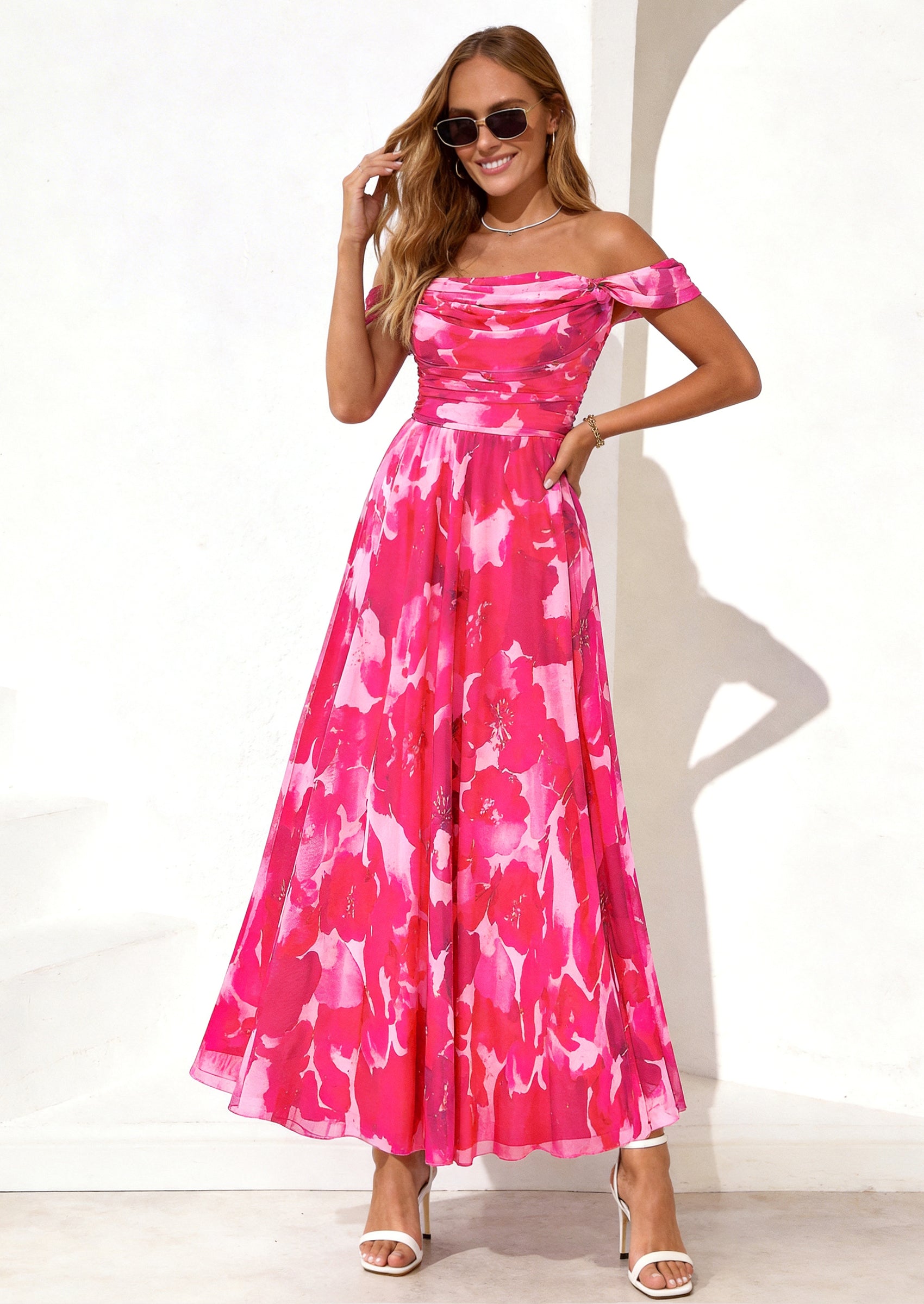 PRETTYGARDEN Womens Off Shoulder Maxi Summer Dresses 2026 Elegant Mesh Aline Swing Ruched Flowy Cocktail Wedding Guest Dress PRETTYGARDEN