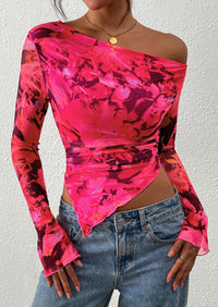 PRETTYGARDEN Womens Fall Trendy Off Shoulder Tops Tie Dye Mesh Long Sleeve Shirts Asymmetrical Ruched Floral Blouse