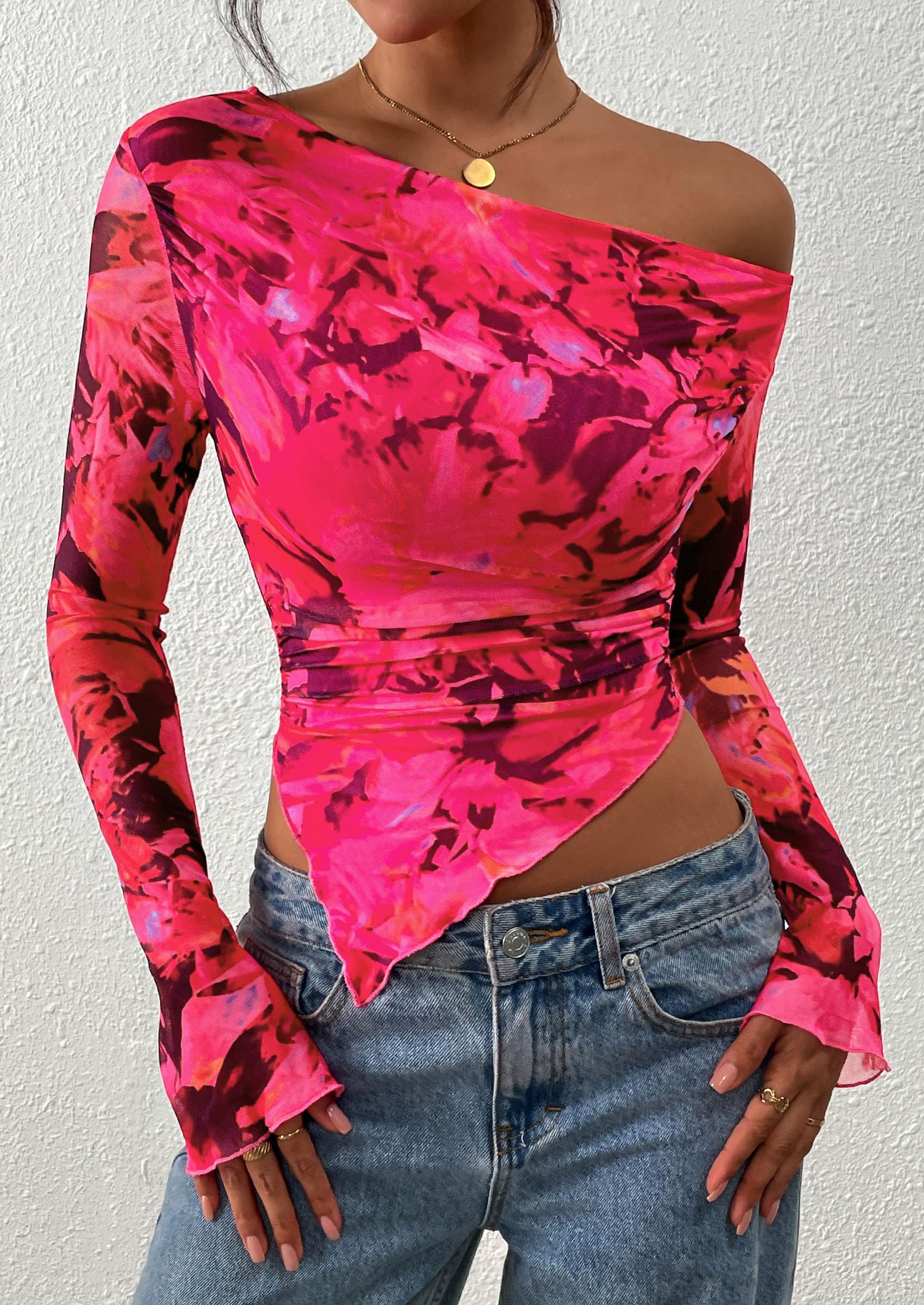 PRETTYGARDEN Womens Fall Trendy Off Shoulder Tops Tie Dye Mesh Long Sleeve Shirts Asymmetrical Ruched Floral Blouse