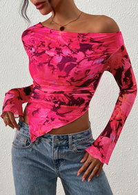 PRETTYGARDEN Womens Fall Trendy Off Shoulder Tops Tie Dye Mesh Long Sleeve Shirts Asymmetrical Ruched Floral Blouse