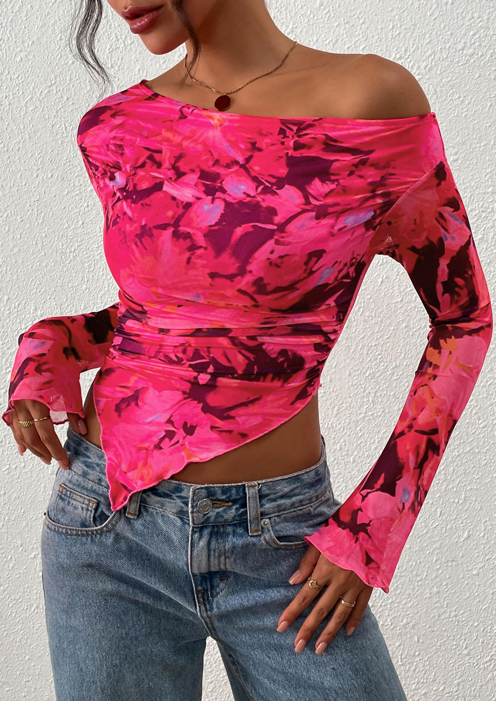 PRETTYGARDEN Womens Fall Trendy Off Shoulder Tops Tie Dye Mesh Long Sleeve Shirts Asymmetrical Ruched Floral Blouse