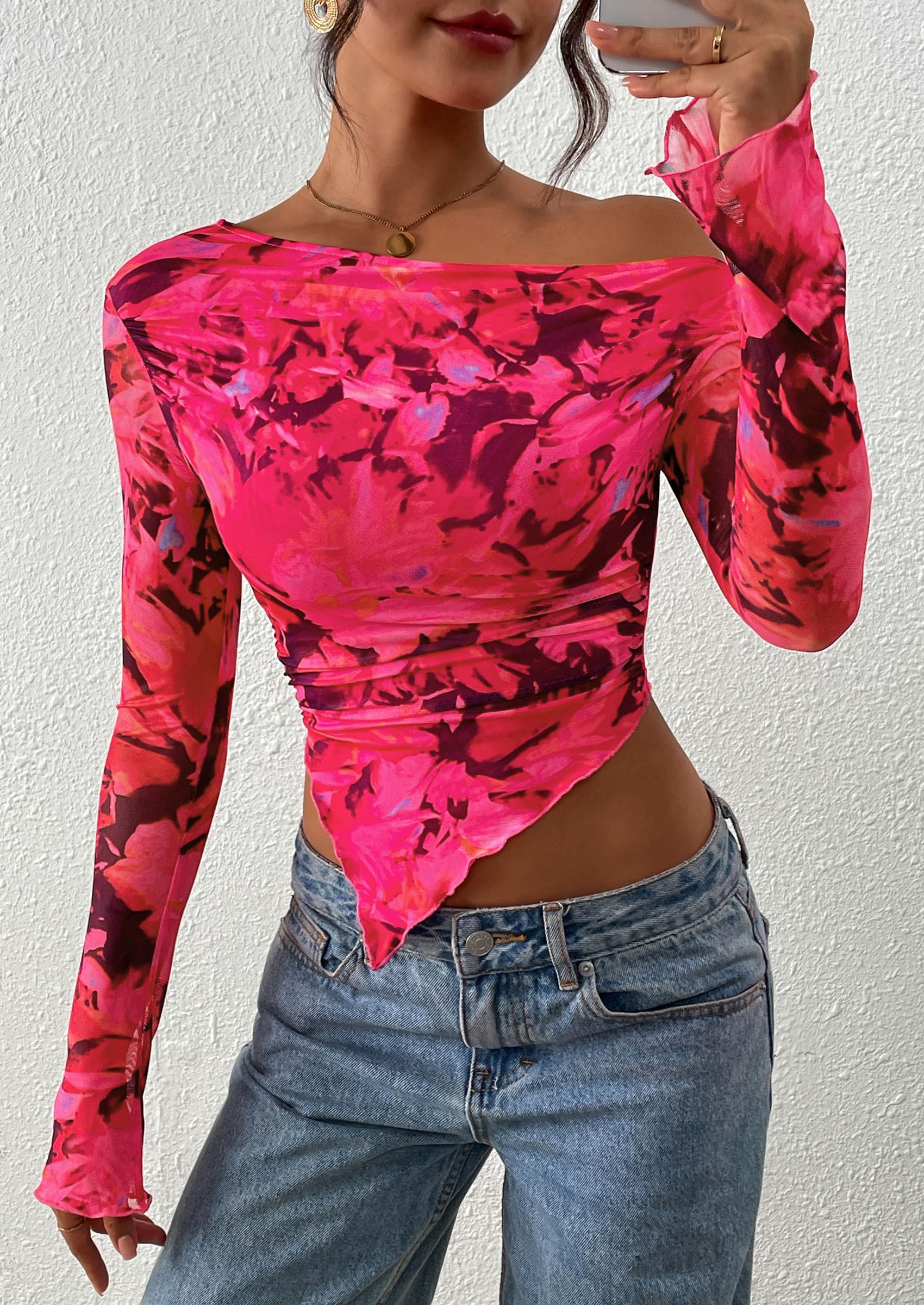 PRETTYGARDEN Womens Fall Trendy Off Shoulder Tops Tie Dye Mesh Long Sleeve Shirts Asymmetrical Ruched Floral Blouse