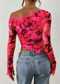 PRETTYGARDEN Womens Fall Trendy Off Shoulder Tops Tie Dye Mesh Long Sleeve Shirts Asymmetrical Ruched Floral Blouse