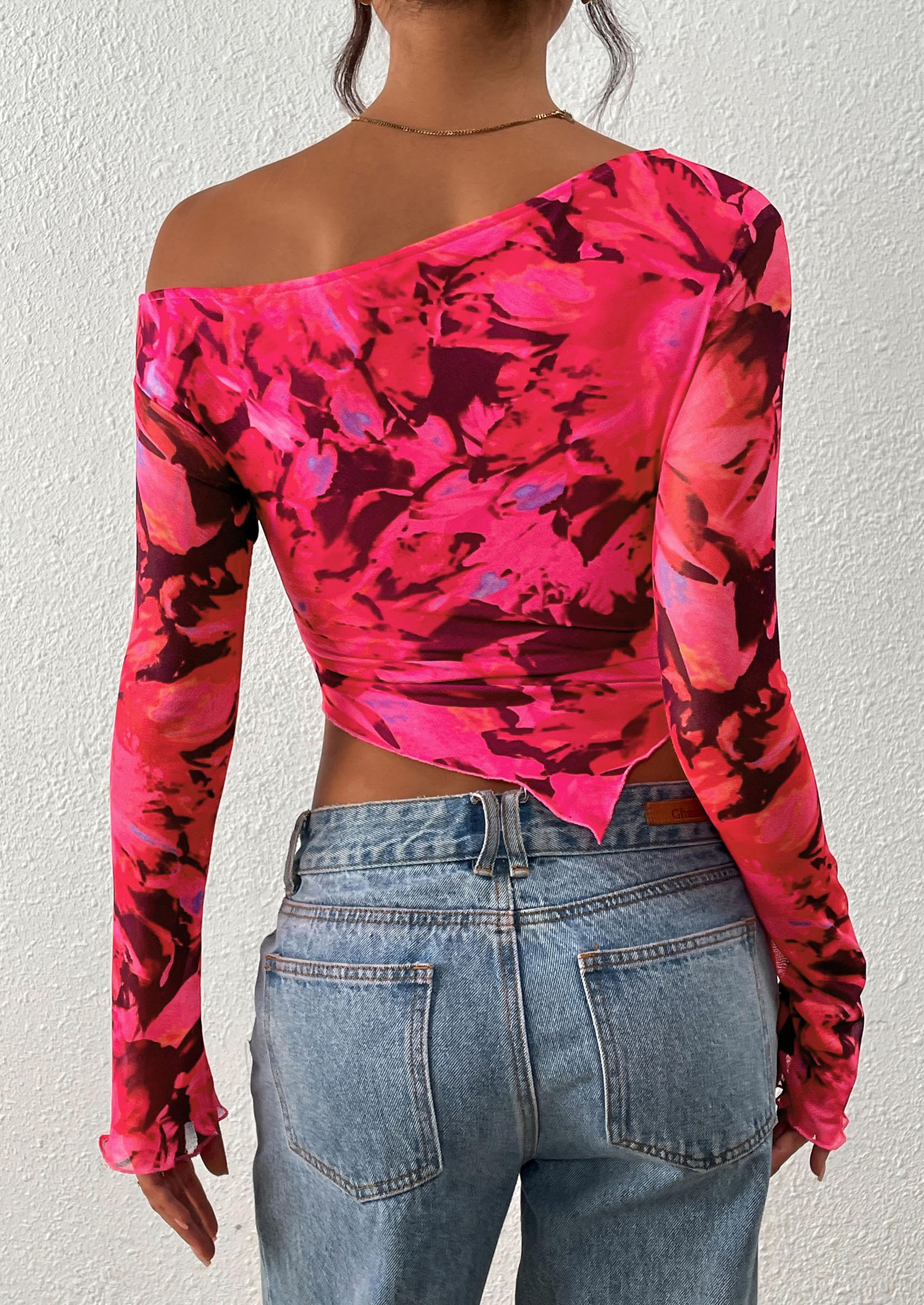 PRETTYGARDEN Womens Fall Trendy Off Shoulder Tops Tie Dye Mesh Long Sleeve Shirts Asymmetrical Ruched Floral Blouse