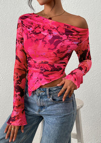 PRETTYGARDEN Womens Fall Trendy Off Shoulder Tops Tie Dye Mesh Long Sleeve Shirts Asymmetrical Ruched Floral Blouse