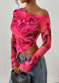 PRETTYGARDEN Womens Fall Trendy Off Shoulder Tops Tie Dye Mesh Long Sleeve Shirts Asymmetrical Ruched Floral Blouse