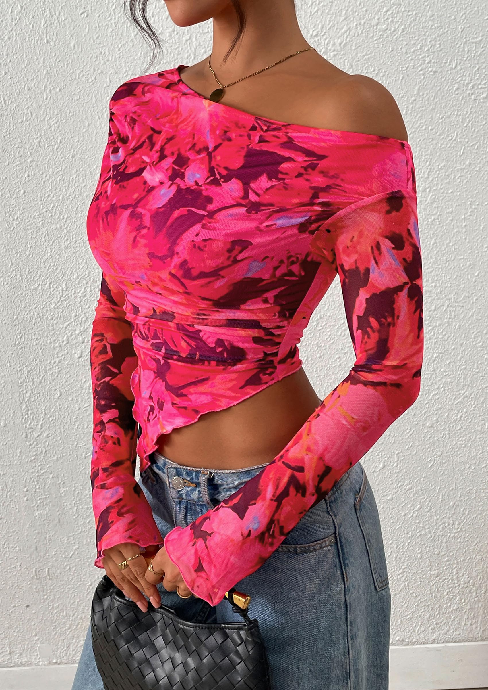 PRETTYGARDEN Womens Fall Trendy Off Shoulder Tops Tie Dye Mesh Long Sleeve Shirts Asymmetrical Ruched Floral Blouse