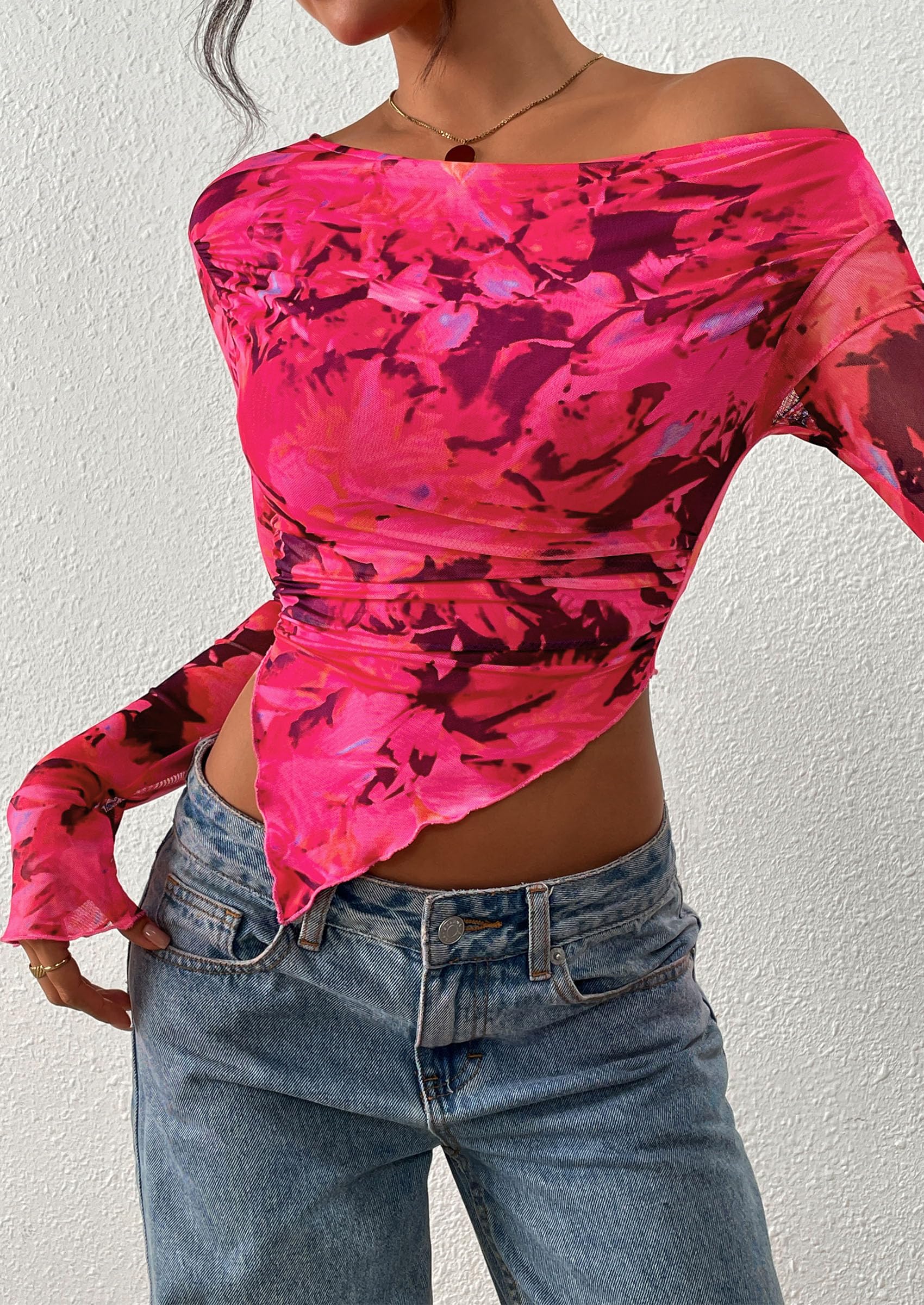 PRETTYGARDEN Womens Fall Trendy Off Shoulder Tops Tie Dye Mesh Long Sleeve Shirts Asymmetrical Ruched Floral Blouse