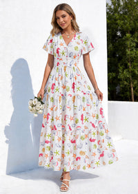 PRETTYGARDEN Women Summer Maxi Dresses Short Sleeve V Neck Button Floral Tiered Flowy Boho Sundress Beach Outfits