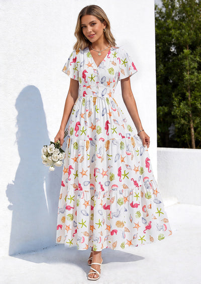 PRETTYGARDEN Women Summer Maxi Dresses Short Sleeve V Neck Button Floral Tiered Flowy Boho Sundress Beach Outfits