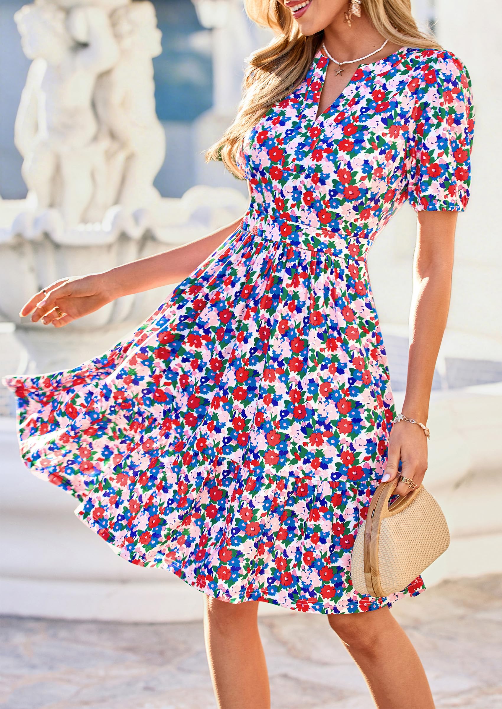 PRETTYGARDEN Womens Summer Casaul Short Dresses Floral V Neck Puff Sleeve Boho A Line Flowy Mini Beach Vacation Dress