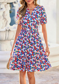PRETTYGARDEN Womens Summer Casaul Short Dresses Floral V Neck Puff Sleeve Boho A Line Flowy Mini Beach Vacation Dress