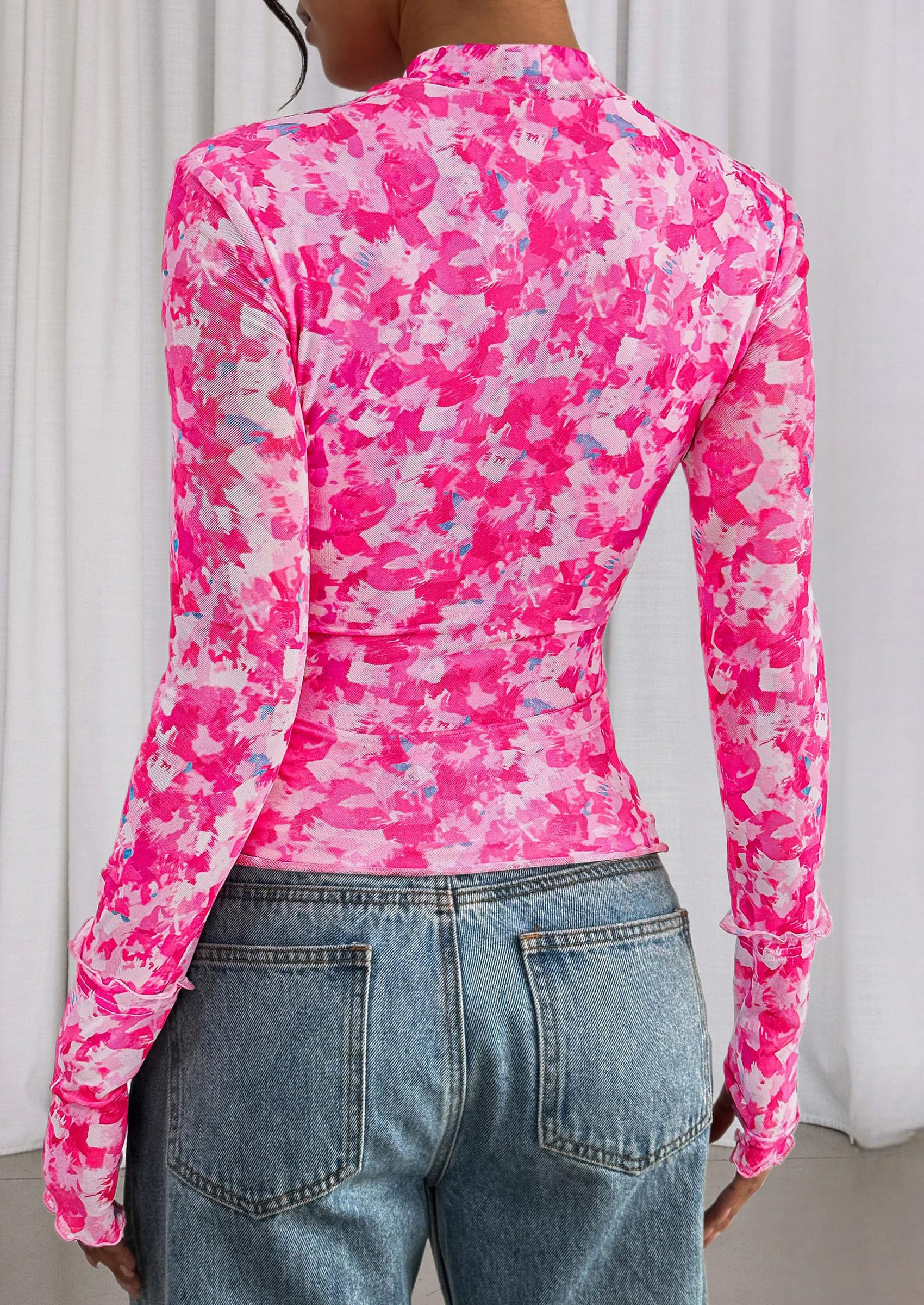 PRETTYGARDEN Womens Fall Mesh Floral Blouses Long Sleeve Going Out Tops Slim Fitted Shirts Date Night Outfits