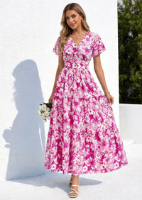 PRETTYGARDEN Women Summer Maxi Dresses Short Sleeve V Neck Button Floral Tiered Flowy Boho Sundress Beach Outfits