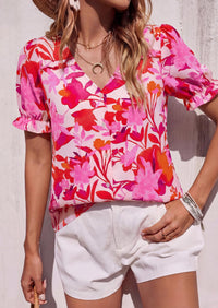 PRETTYGARDEN Womens Boho Tops Summer V Neck Puff Sleeve Casual Button Down Ruffle Floral Blouses Shirts Work Clothes PRETTYGARDEN