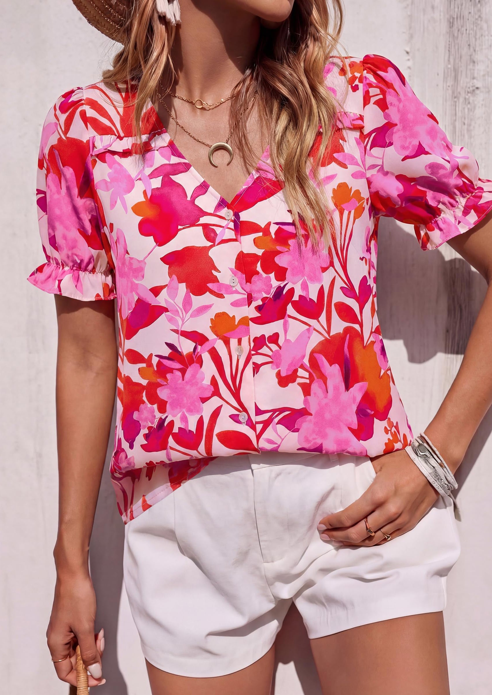 PRETTYGARDEN Womens Boho Tops Summer V Neck Puff Sleeve Casual Button Down Ruffle Floral Blouses Shirts Work Clothes PRETTYGARDEN