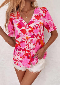 PRETTYGARDEN Womens Boho Tops Summer V Neck Puff Sleeve Casual Button Down Ruffle Floral Blouses Shirts Work Clothes PRETTYGARDEN